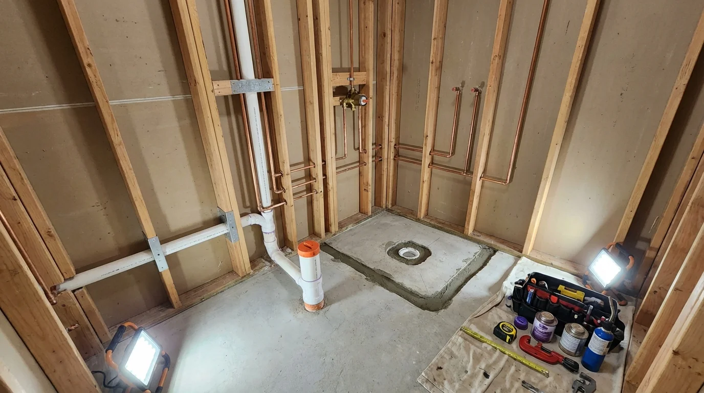 Bathroom rough-in plumbing during remodel by Johns Plumbing LLC in Lasara