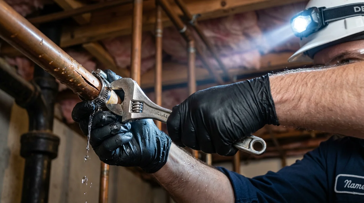Emergency pipe clamp repair being performed by a Johns Plumbing LLC plumber in Lasara